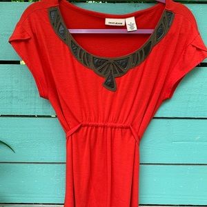 *EUC* DKNY Jeans Red-Orange Vegan Leather Trim Top